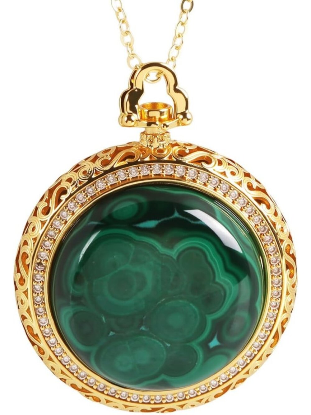 Genuine Round Malachite Stone Pendant Necklace with Zircon Accents - Unique